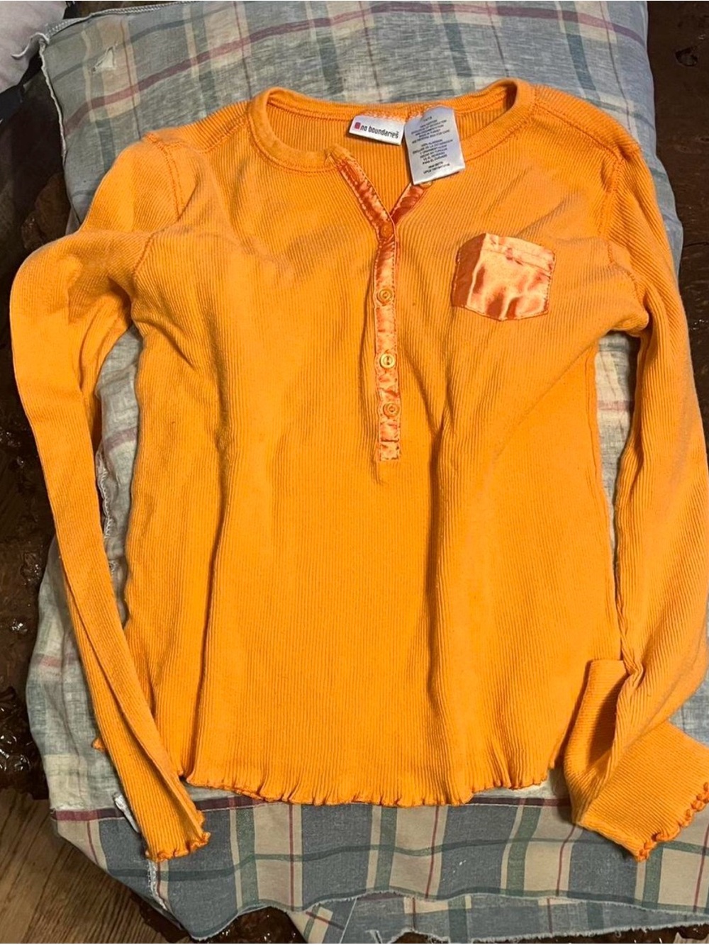 No Boundaries Orange Long-Sleeve Henley Top with Satin Pocket